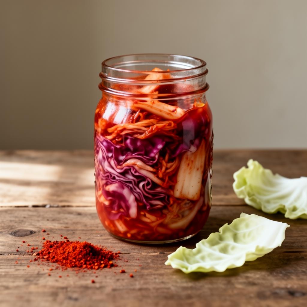 Glass jar of vibrant red napa cabbage kimchi on a wooden table